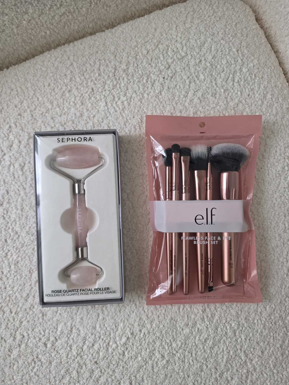 Sephora Rose Quartz Facial Roller & e.l.f. Rose Gold Brush Set